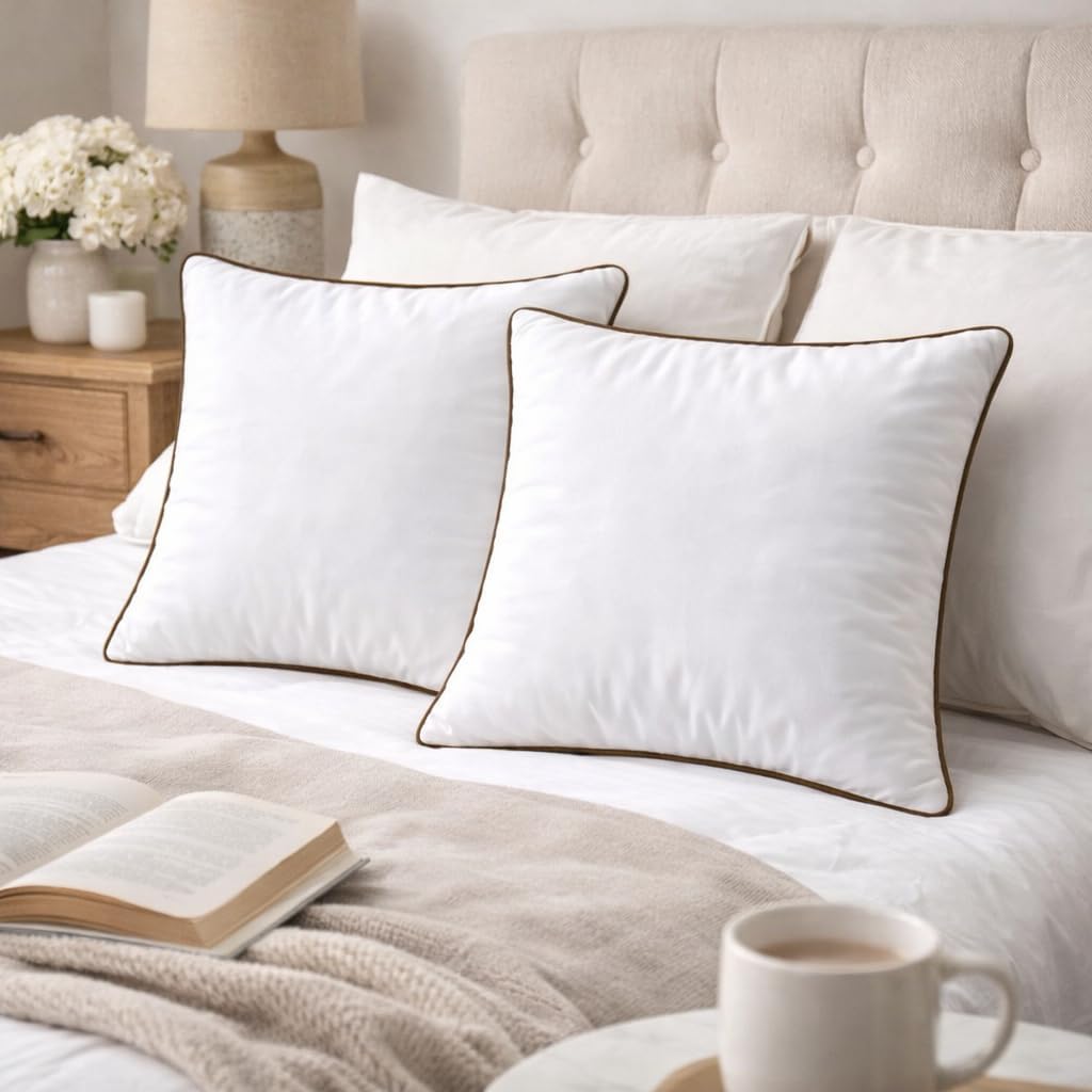 18 x 18 Inch Throw Pillow Inserts - Square White Cushion Forms with Brown Piping, 500g Filled for Decorative - Set of 6