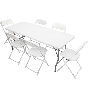 6 FT Plastic Folding Table Set with 6 White Folding Chairs for Picnic, Event, Training, Outdoor Activities, at Home