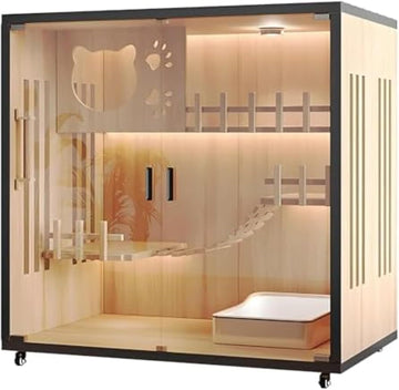 Luxury Modern Wooden Cat House for Indoor Cats - Multi-Level Cattery Enclosure with Tempered Glass Door & Lockable