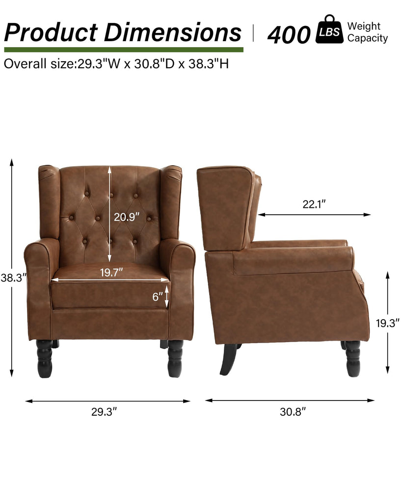 Faux Leather Wingback Accent Chairs, Tufted High Back Armchair, Brown