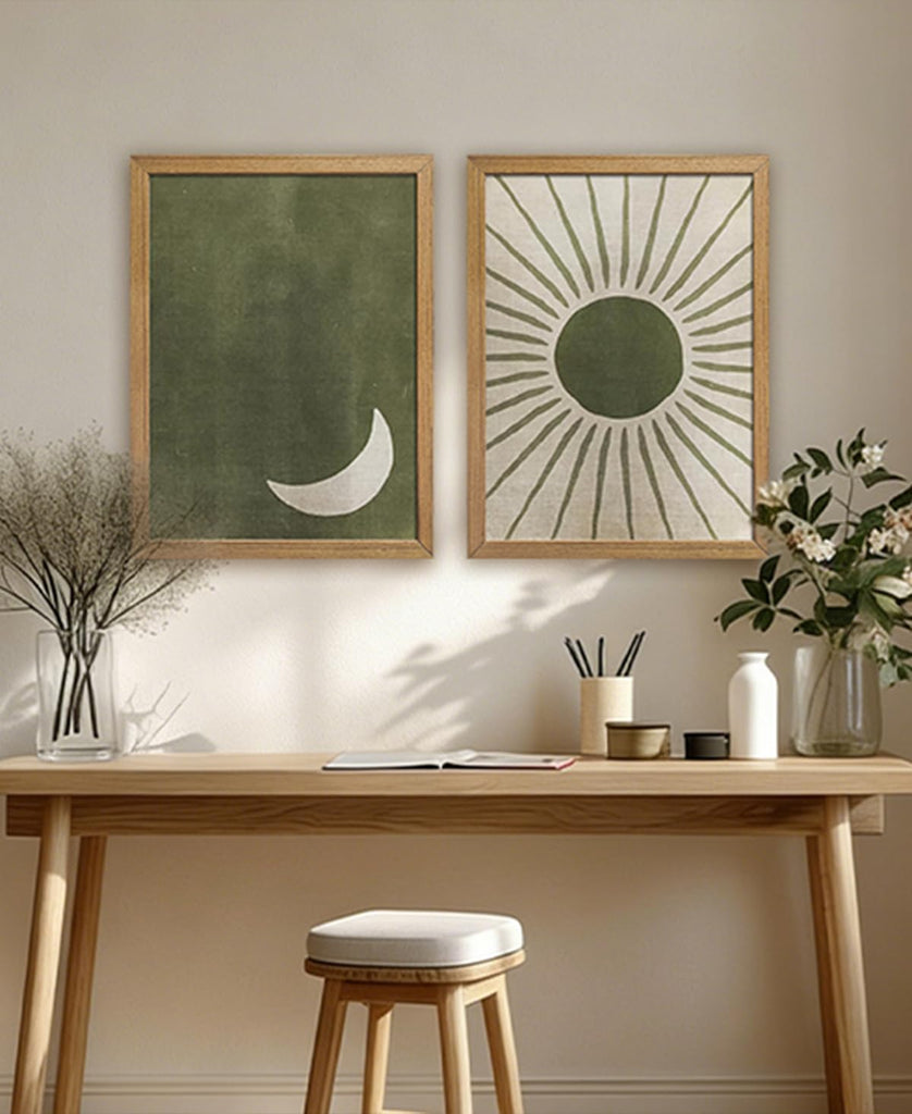 Sage Green Boho Wall Art Set of 2, Wood Framed Sun and Moon Decor, Minimalist Mid Century Modern Celestial Prints