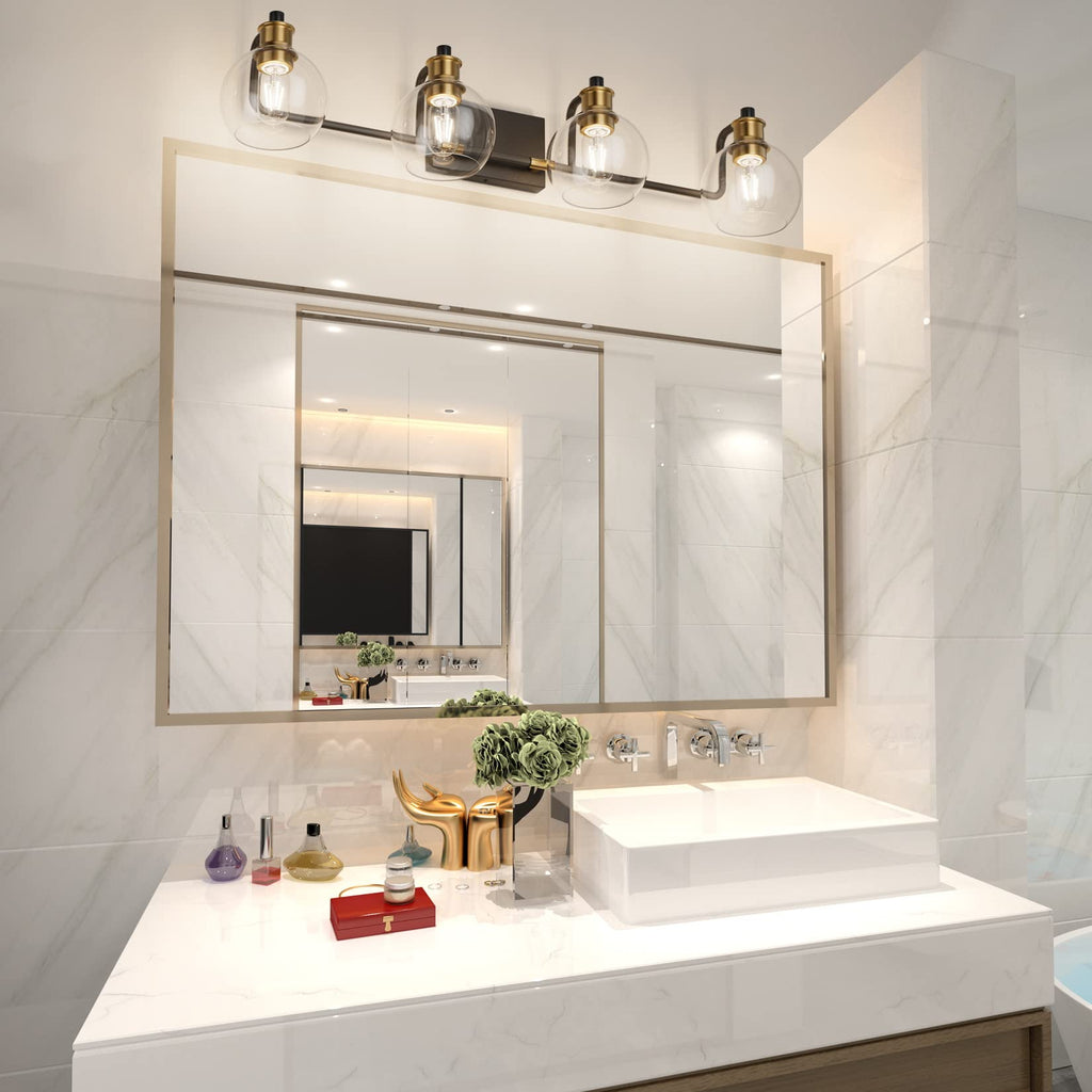 Industrial Bathroom Vanity Lighting Fixtures 4-Lights Vintage Black & Brass Finish with Globe Clear Glass Vanity