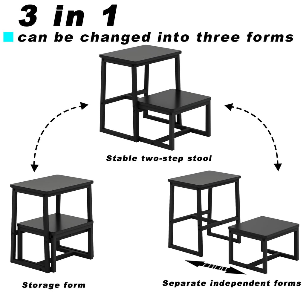 2 Step Stool for Adults Wooden Office Step Stools with 500 Lbs, Black