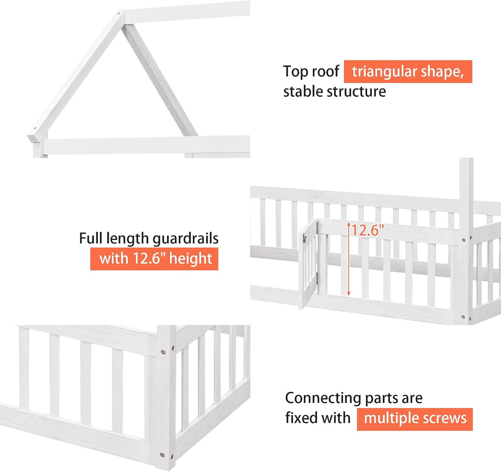 Wooden House Bed, Floor Bed with Fence and Door, Guardrail, White