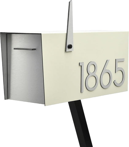 Contemporary Post-Mount Mailbox - Aluminum Ivory White Body with Aluminum Door, Numbers and Flag