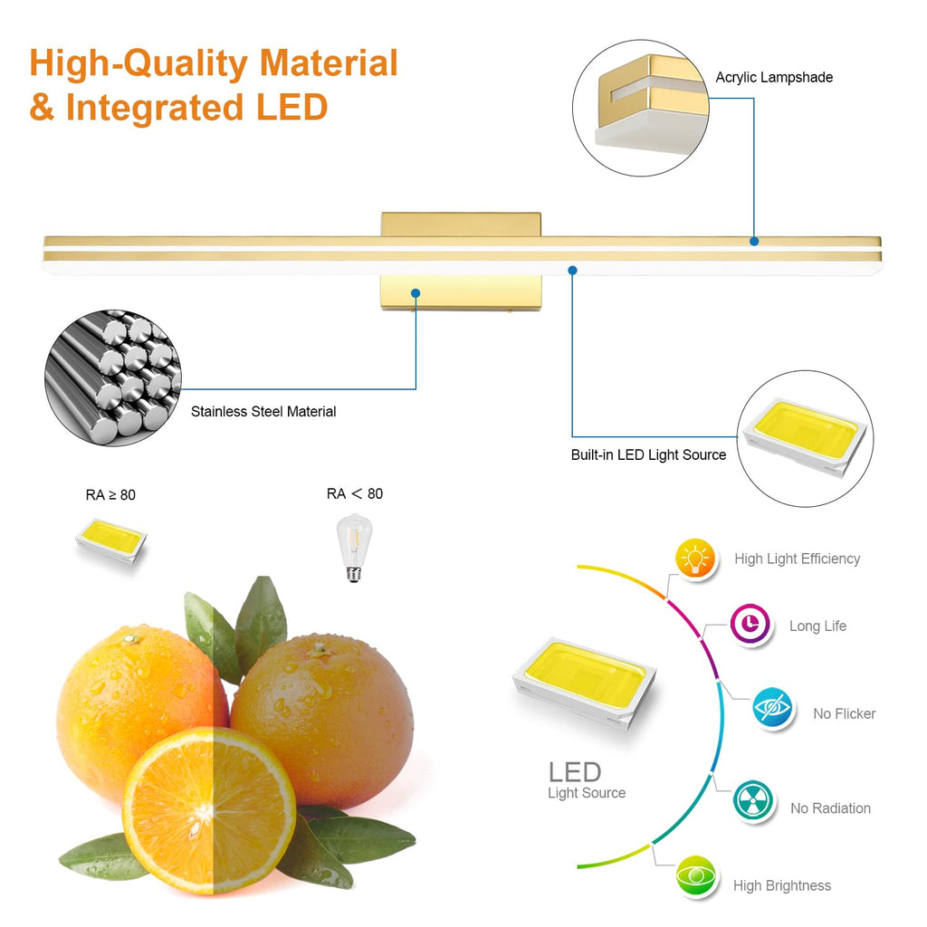 40-Inch LED Modern Bathroom Vanity Light Bar, Gold Modern Acrylic Bathroom Wall Lighting Fixtures Over Mirror (Cool