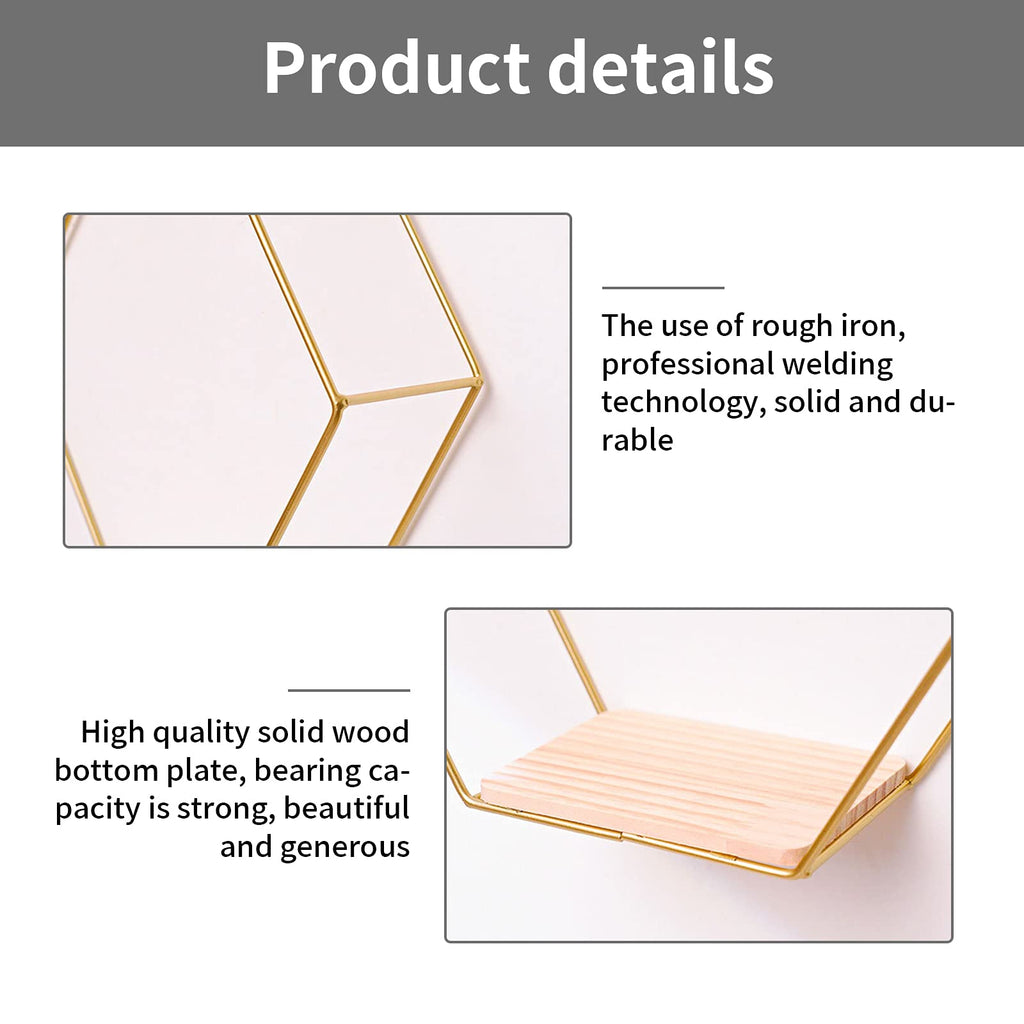 Hexagon Floating Shelves for Wall Decor, Set of 3 in Different Sizes, Gold