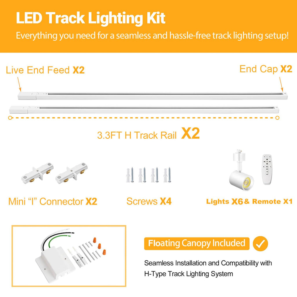 6 Lights Remote Control LED Track Lighting Kit Dimmable, 10W White