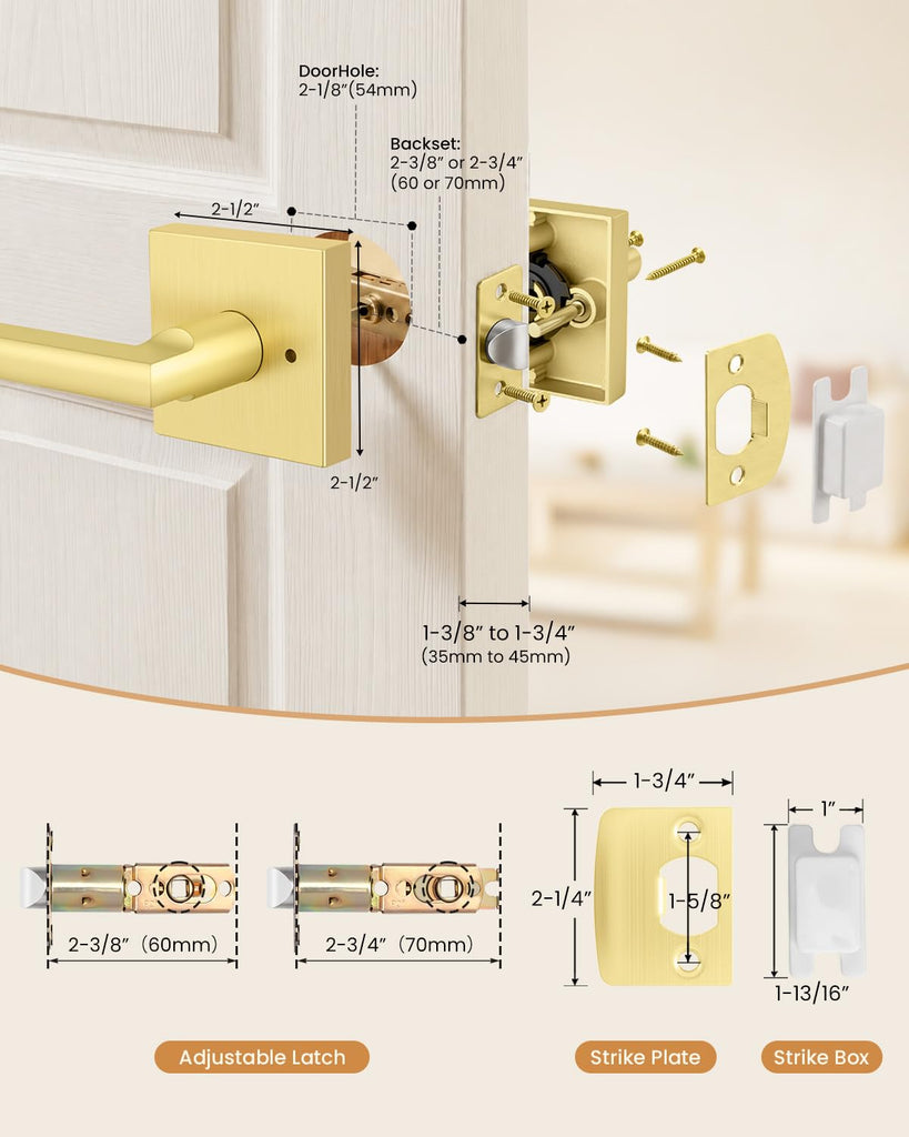 Gold Door Handles Interior, Zinc Alloy Privacy Door Handles, 3 Pack