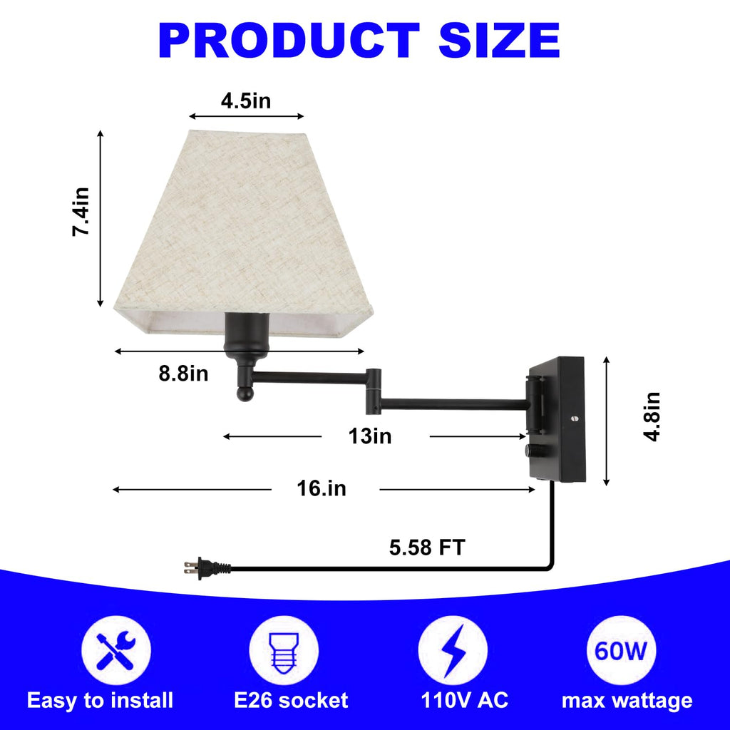 13" Modern Swing Arm Wall Lamp Plug in Wall Sconce with USB and Type-C Port Wall Mounted Lamp with Dimmable Switch
