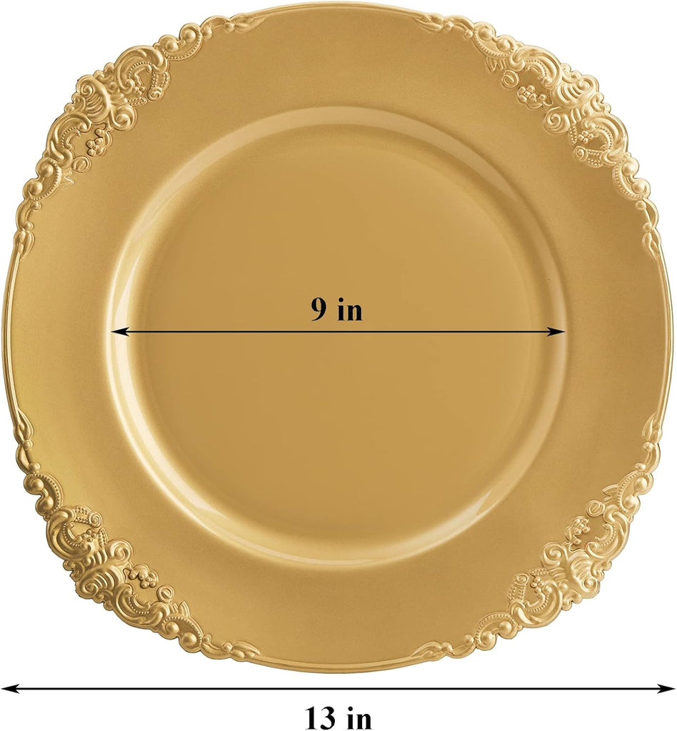 12 Pack Gold Charger Plates, 13" Round Dinner Charger Plates with Embossed Rim for Catering, Wedding, Tabletop Decor