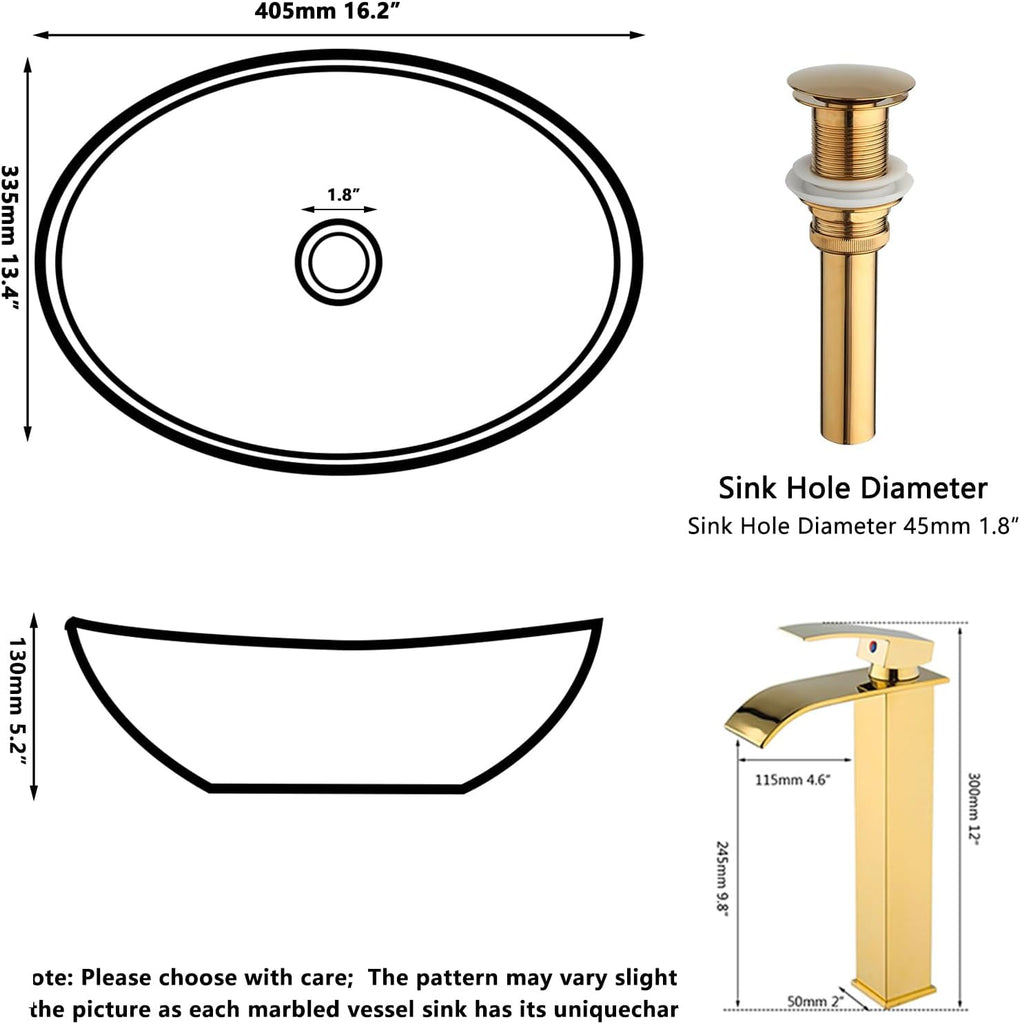 16" Gold Bathroom Sink Ceramic Vessel Sinks for Bathrooms Above Counter Bathroom Sink Oval Vessel Sink with Faucet and