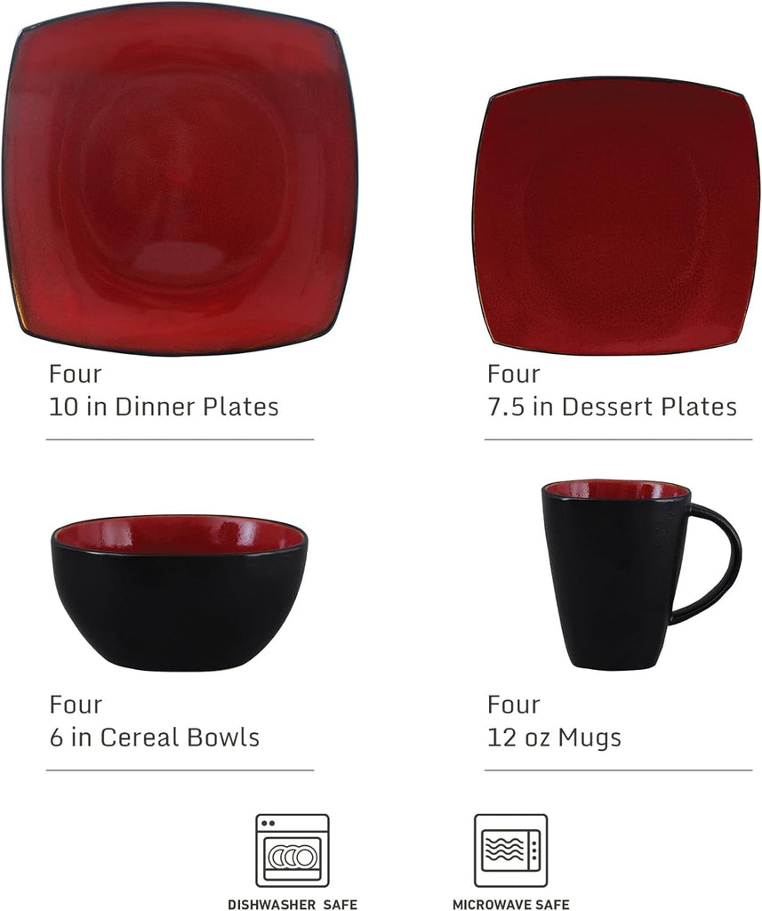 Soho Lounge Square 16-Piece Dinnerware Set, Service for 4, Reactive Glaze Stoneware Plates and Bowls, Modern Dishes