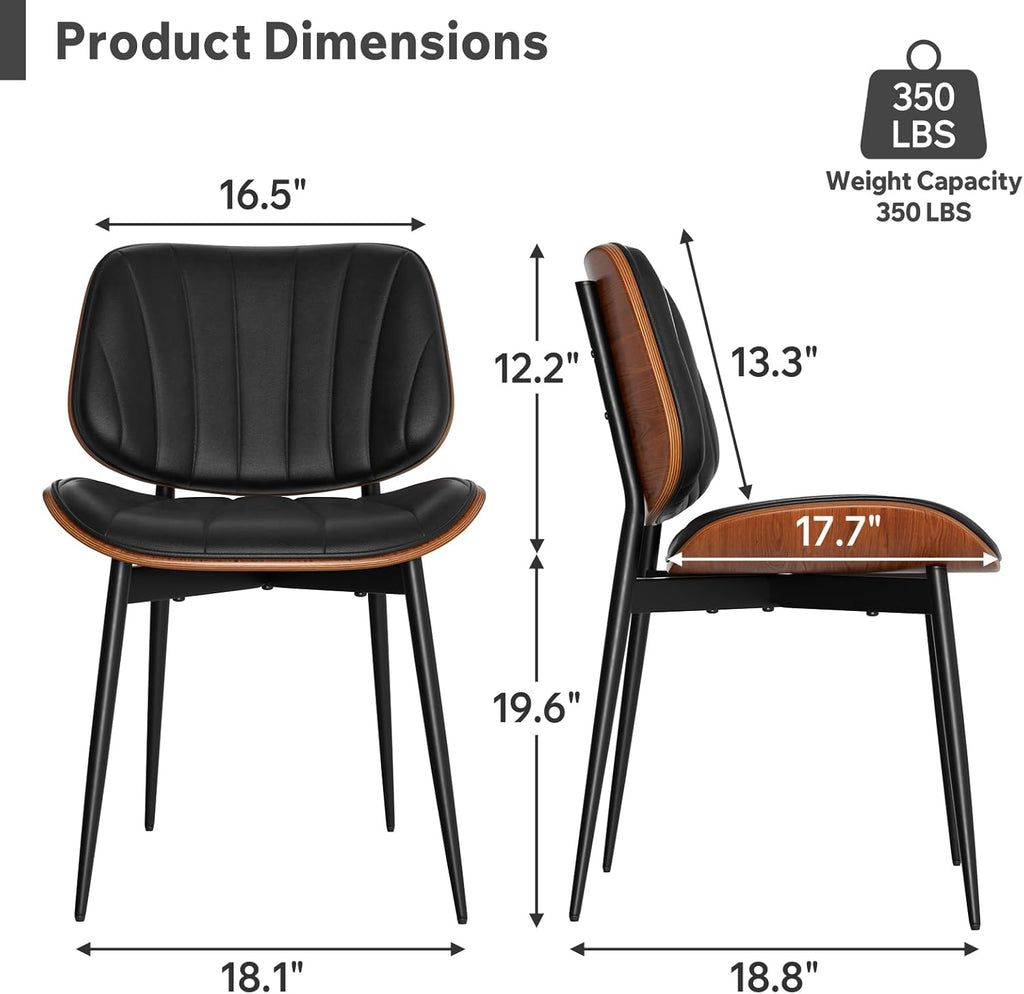 Dining Chairs Set of 2, Mid-Century Modern Upholstered Faux Leather Dining Room Chairs with Walnut Bentwood Back and Metal Legs, Black