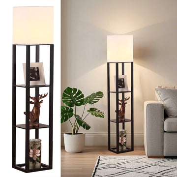 Floor Lamp, Lamp with Shelves, Floor Light, Wood, Black