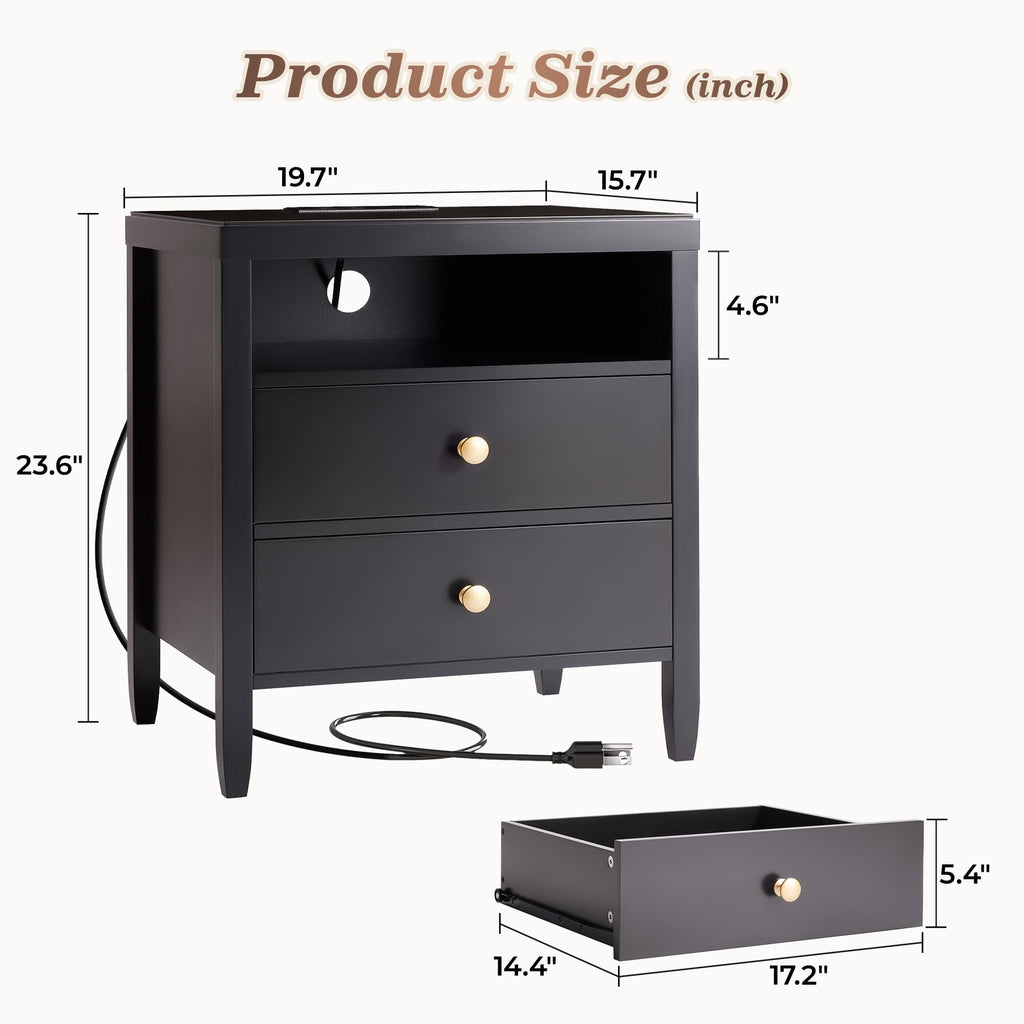 Nightstand with Charging Station, Black Nightstand with 2 Drawers
