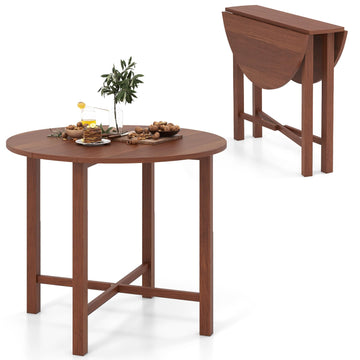 36" Folding Dining Table for 2-4, Round Drop Leaf Kitchen Table with Solid Wood Legs, Space Saving Extendable Table