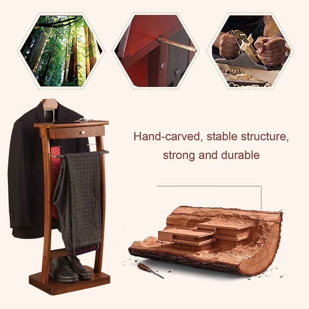 Suit Valet Stand with Tray, Wood Valet Stand for Men, Floor Standing Clothes Valet Stand, Valet Stand Living Room Bed