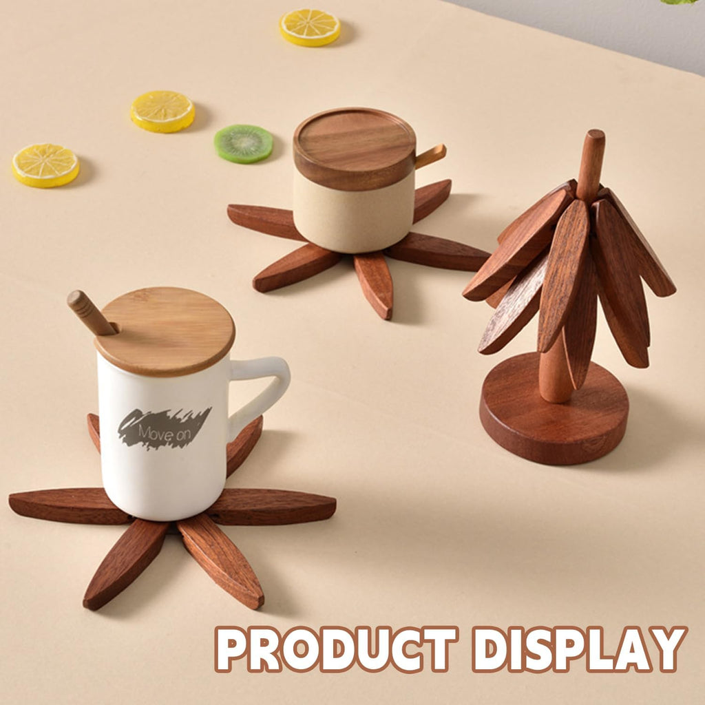 Natural Foldable Black Walnut Wooden Trivet Set - 4 Trivets + 1 Stand for Hot Dishes, Pot, Bowl, Teapot, Hot Pot