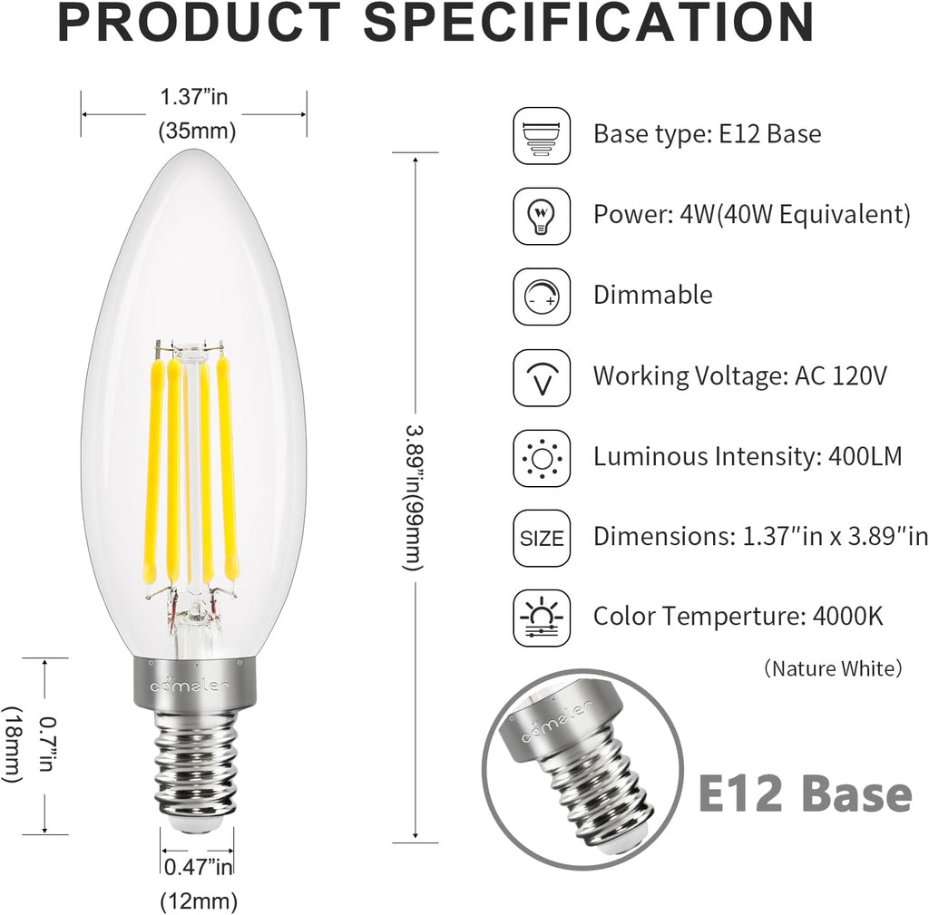 E12 LED Bulb Dimmable 40W Equivalent, 4000K Natural Daylight LED Candelabra Bulbs, 120V Type B Light Bulbs