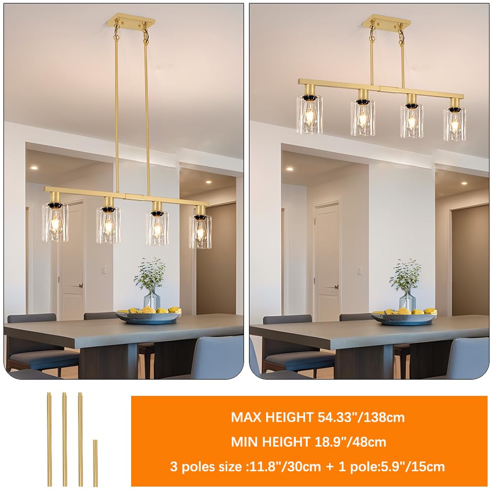 Kitchen Island Lighting, Gold Dining Room Light Fixtures over Table, Island Lights with Glass Shade