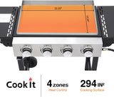 4-Burner Flat Top Gas Grill with Stainless Steel Griddle, Includes Cover and Regulator for Camping, Tailgating, Patio, and Backyard BBQ