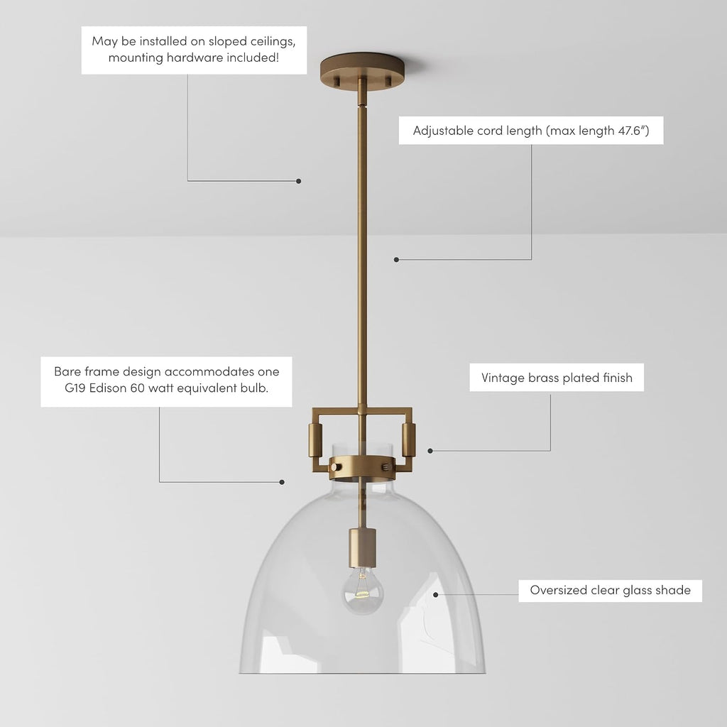 Leigh Pendant Lighting, Hanging Ceiling Light with Oversized Glass Shade and Adjustable Cord, for Kitchen Island or