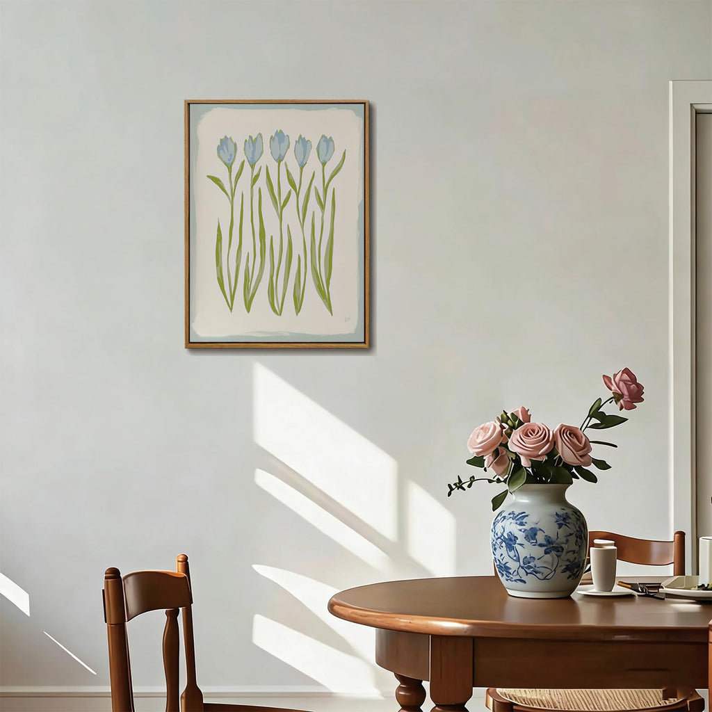 Framed Blue Floral Wall Art, Coastal Grandma Tulip Bathroom Decor 16x24in