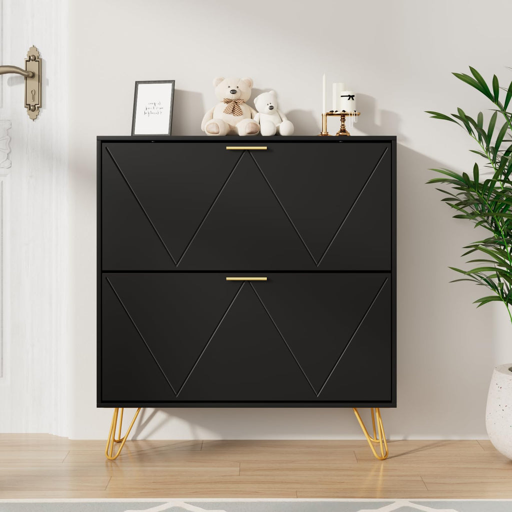 Shoe Cabinet Slim, Black Shoe Storage Cabinet with 2 Flip Drawers, Narrow Shoe Rack Cabinet, Freestanding Shoe