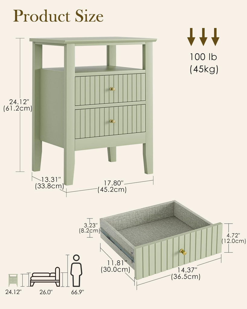 Fluted Nightstand, Farmhouse Night Stand with 2 Drawers, Mid Century Modern Side Accent Table, Bedside End Table