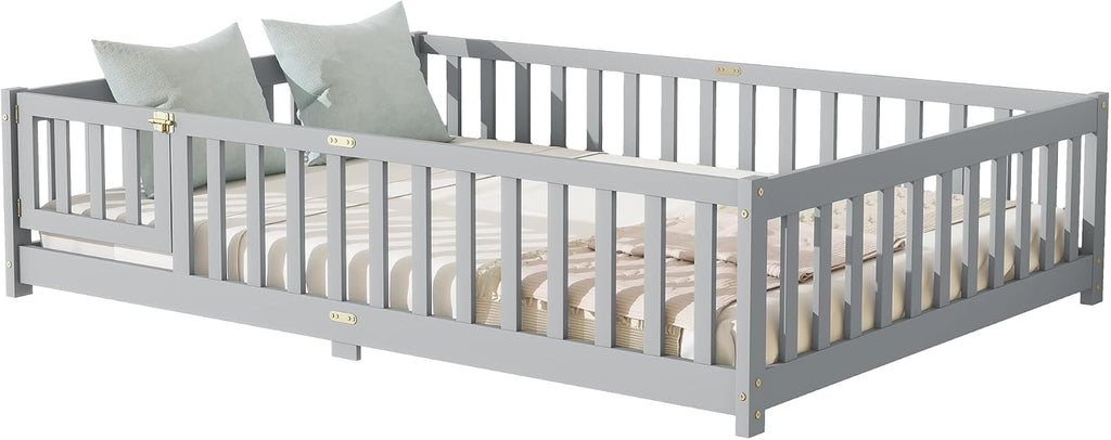Floor Bed Frame with Fence & Slats, Rubber Wood Montessori Floor Bed with Safety Guardrails &