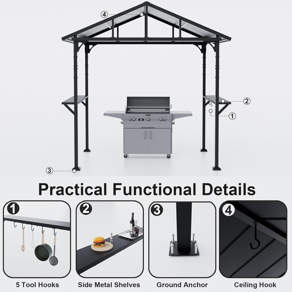 8'x 5' Hardtop Grill Gazebo, Outdoor BBQ Gazebo Metal Roof Canopy with 2 Metal Side Shelves & 5 Tool Hooks for