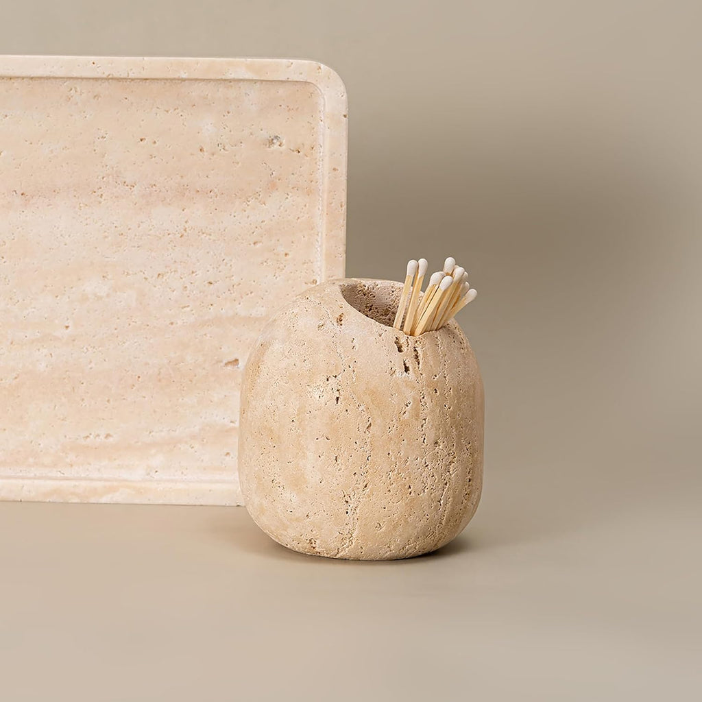 100% Travertine Match Holder |Toothpick Holder | Cute Beige Match Cloche | Matches Jar Box for Candles or Bathroom
