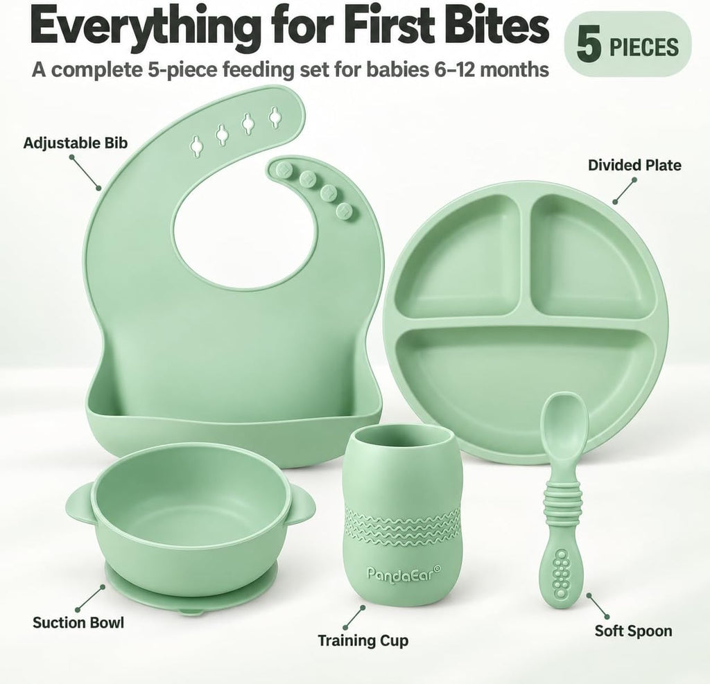 Silicone Baby Feeding Set, 6-12 Months, Bib Plate Bowl Cup Spoon
