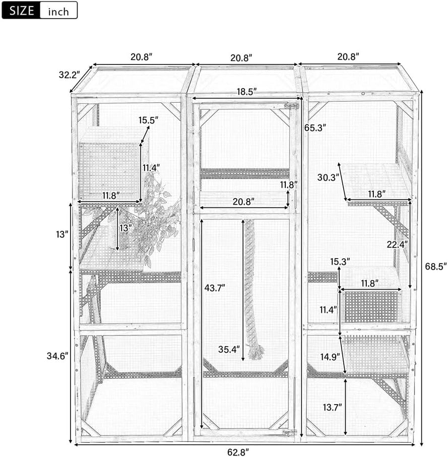 Outdoor Catio Enclosure, Large Walk-In Cat Cage with Platforms, Condos, Climbing & Scratching Posts, Pine Wood Cat