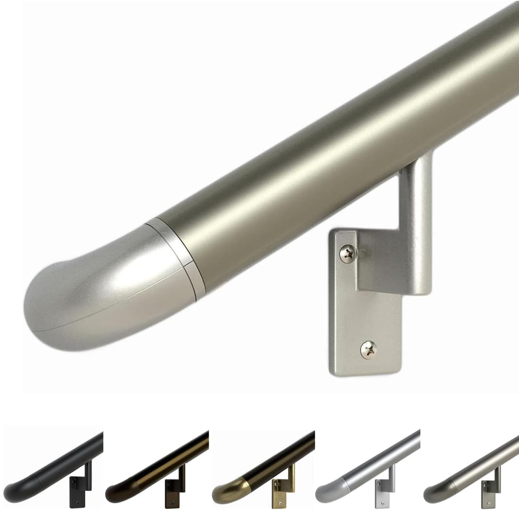 Champagne 14ft ADA Handrail Kit - Complete Indoor/Outdoor Stair Handrail - 1.6" Round Satin-Anodized Aluminum Railing