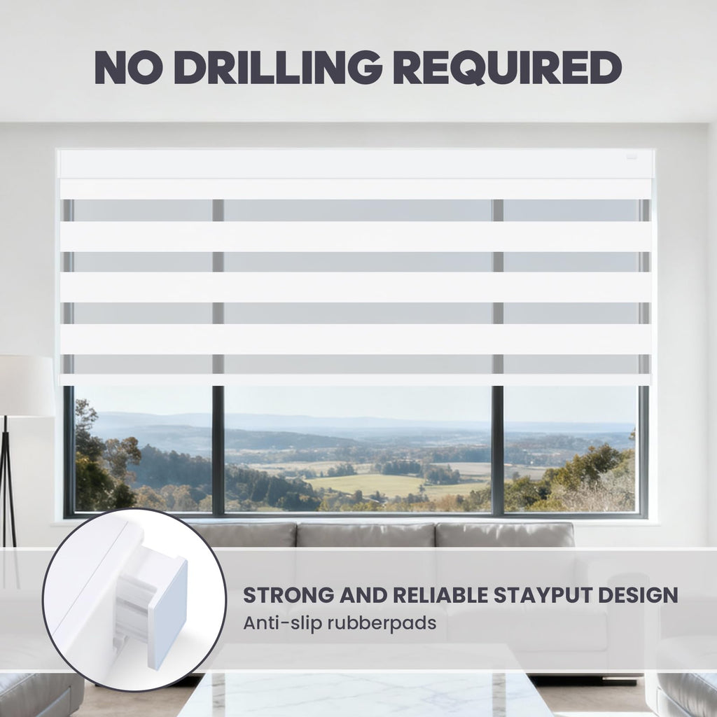 No Drill Motorized Blinds with Remote, 75% Blackout Electric Zebra Shades Light Filtering, Dual Layer Smart Automatic