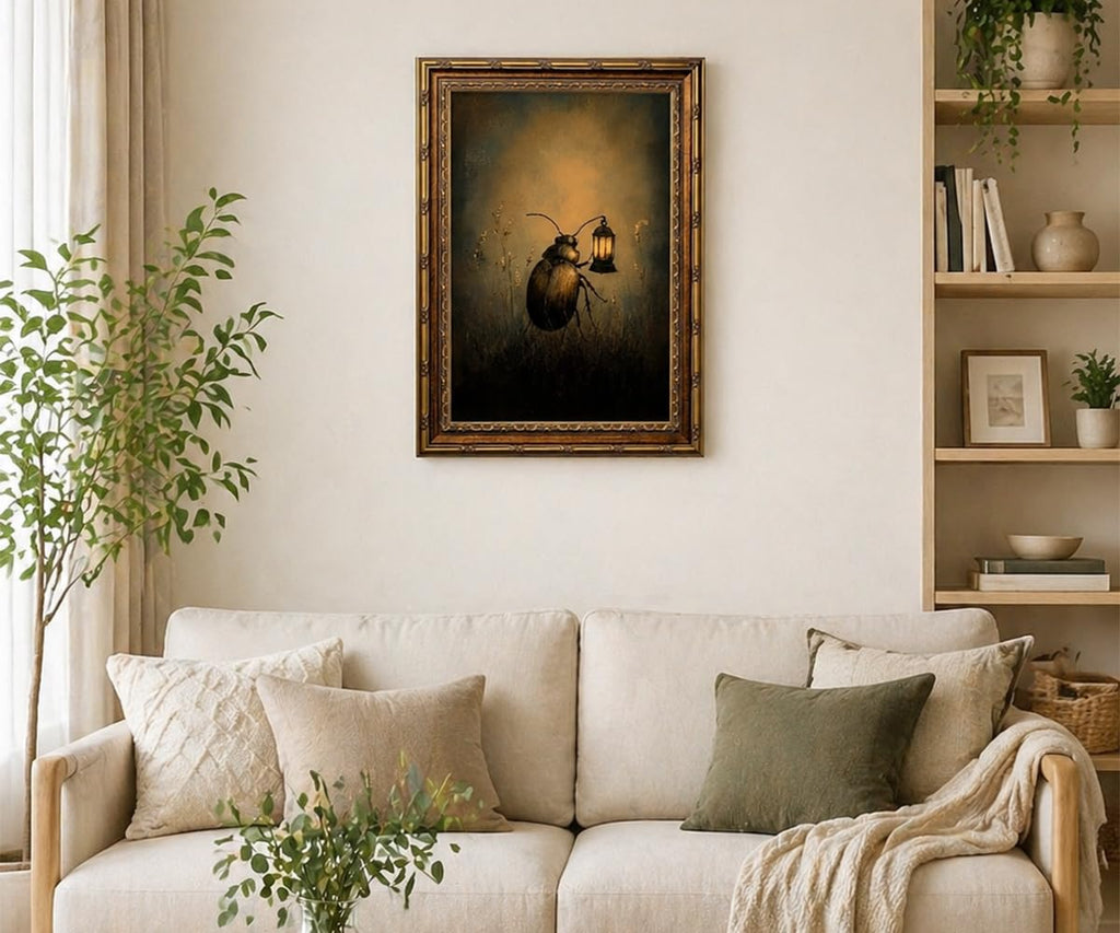 Vintage Gold Framed Wall Art Retro Dark Beetle with Lantern Academia Insect Poster Canvas Print Painting, Farmhouse