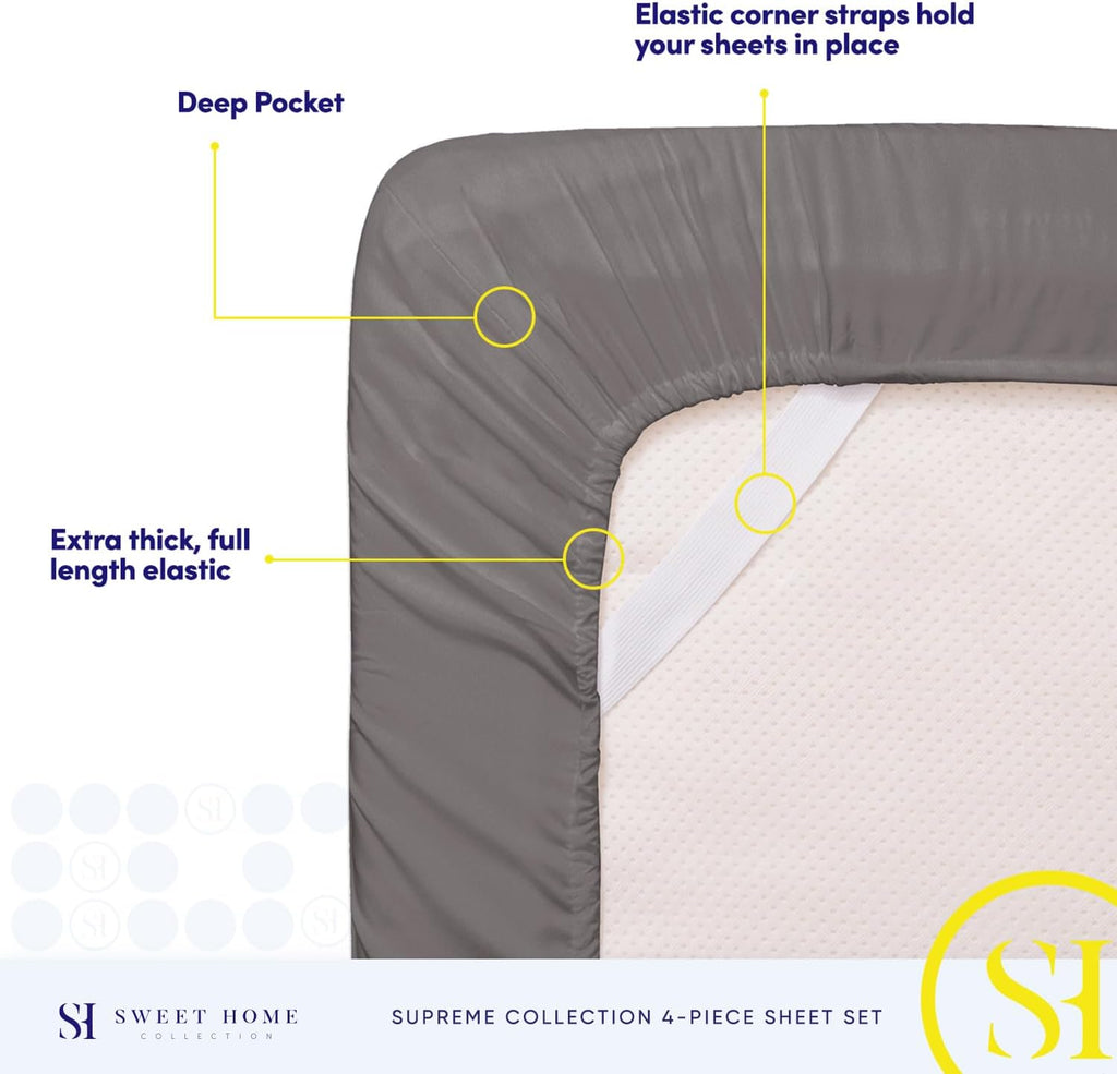 Queen Bed Sheets - Breathable Luxury Sheets with Full Elastic & Secure Corner Straps Built In - 1800 Supreme