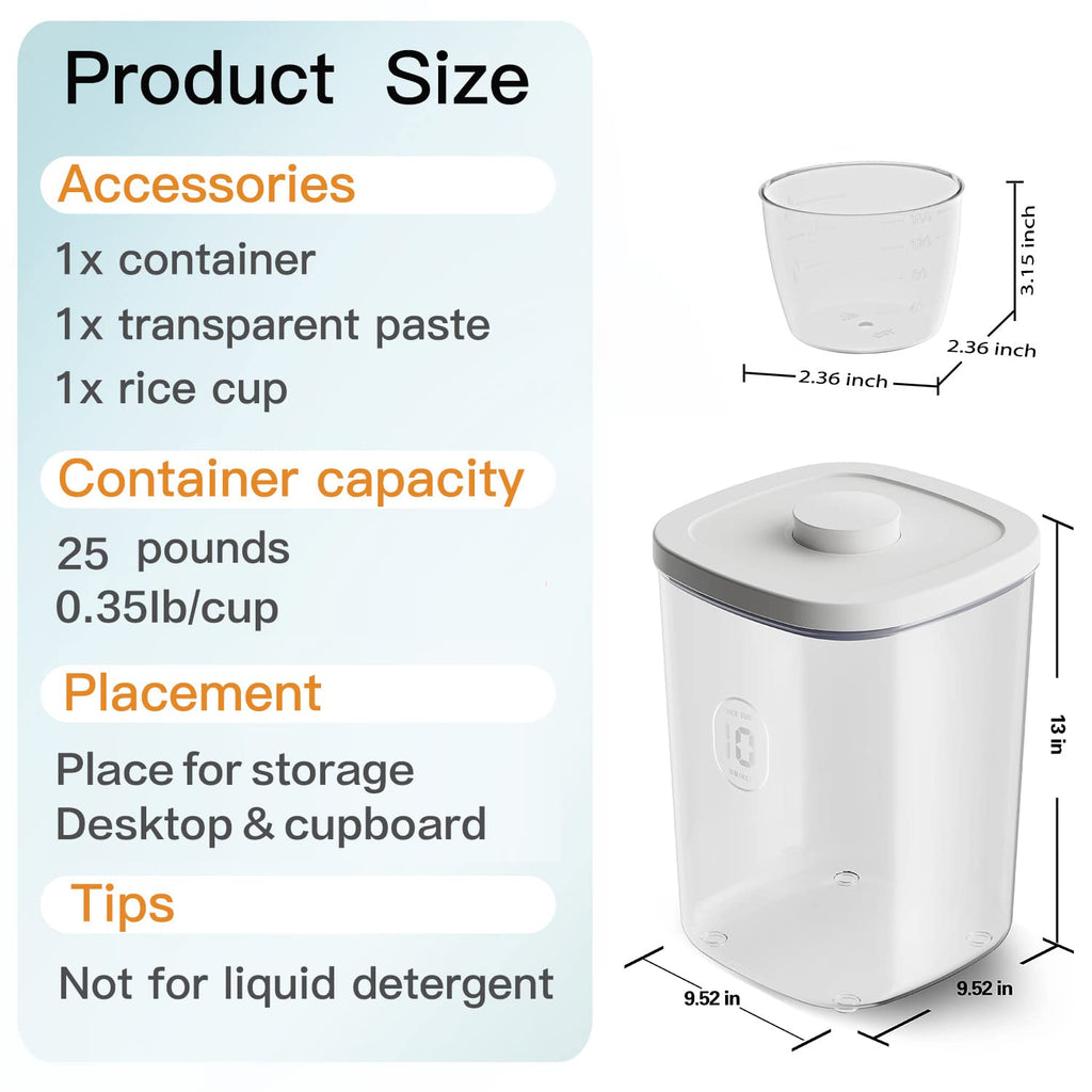 20-25 lbs Rice Dispenser, 10.5 Qt/10 L/22-25 lbs Rice Container Storage with Measuring Cup & Brush Food Cereal