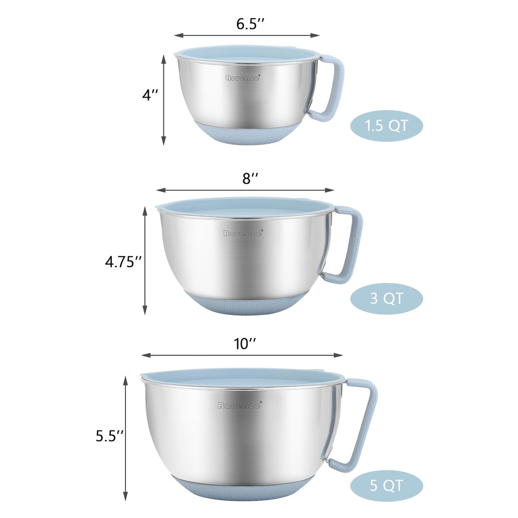 Stainless Steel Mixing Bowls Set with Lids,1.5,3 & 5 Qt,Light Blue
