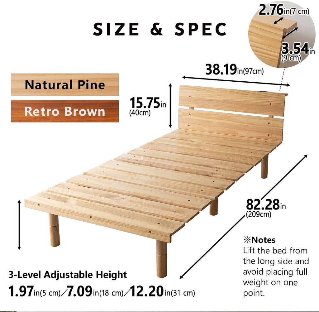 Wood Slatted Floor Bed Frame for Japanese Futon Mattress (Retro-Brown), Head Board Height Adjustable