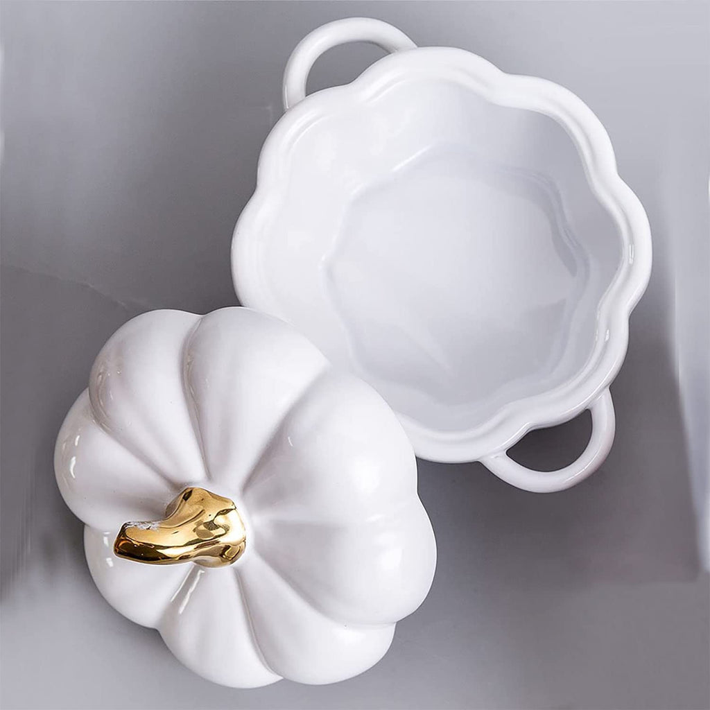 Pumpkin Bowl Set with Lid and Handle, 14 Oz Ceramic Ramekins for Baking, Casserole Dish Individual Severing Pot