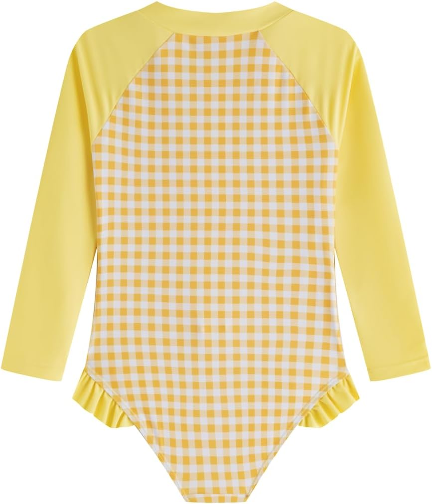 Girls Long Sleeve One Piece Rash Guard, Zipper Ruffle Cute Print Swimsuit