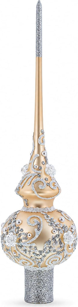 White Swirls on Champagne Glass Christmas Tree Topper 11 Inches