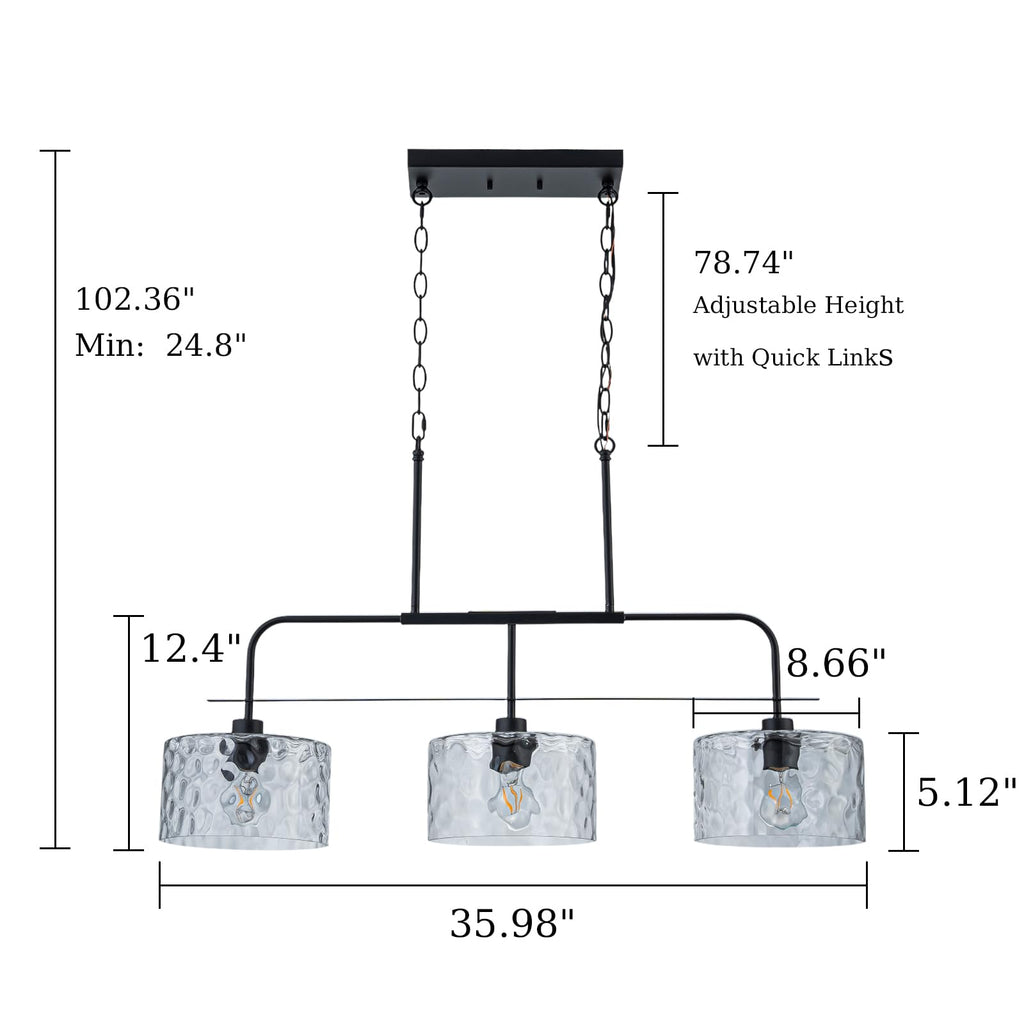 36" Linear Chandelier with Clear Rippled Glass Shades 3-Light Black Linear Pendant Light, Industrial Hanging