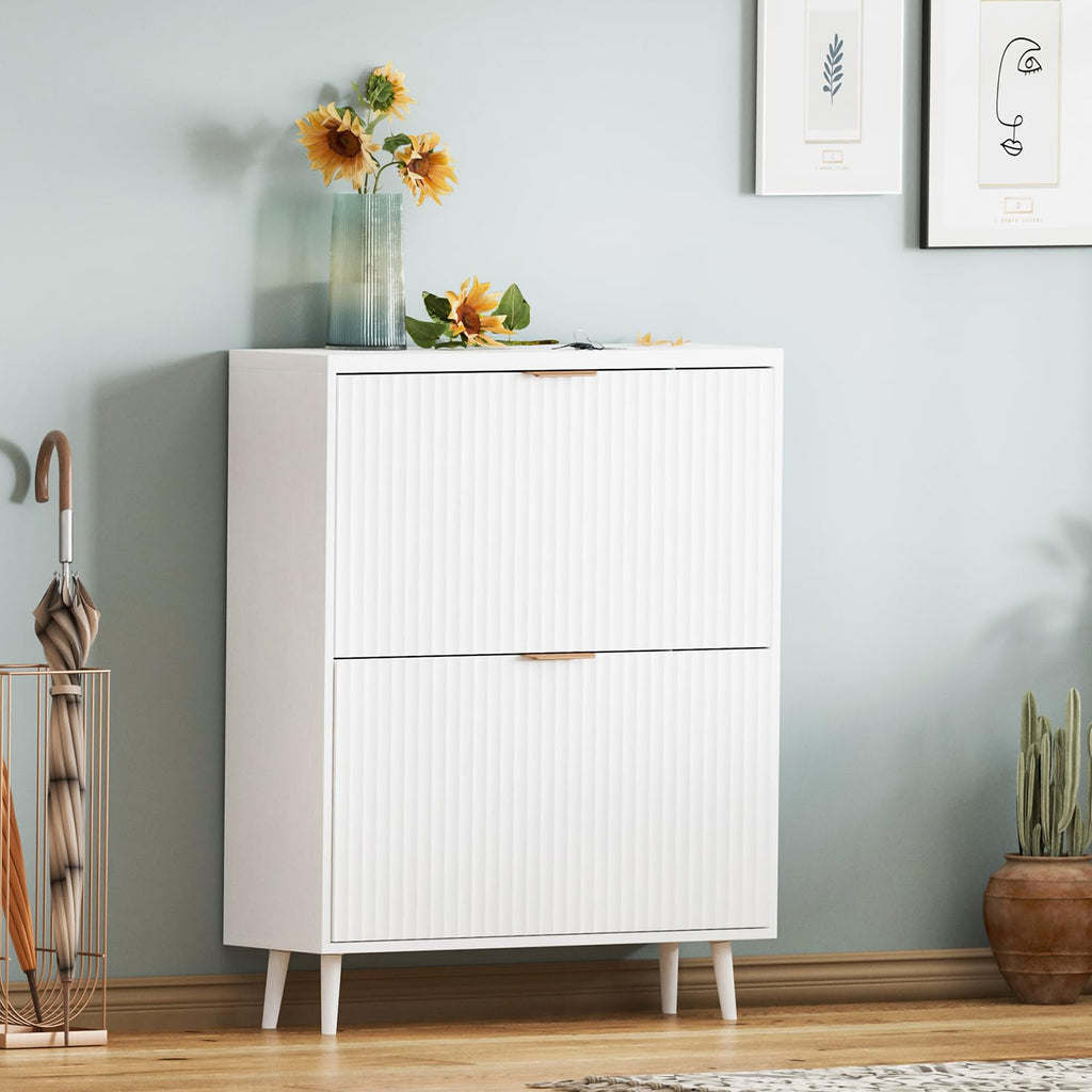 Shoe Cabinet Storage, Modern Freestanding Organizer with 2 Flip Drawers, Narrow Shoe Rack Cabinet, White