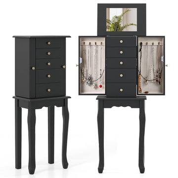 Standing Jewelry Armoire Cabinet with Top Flip Mirror, Jewelry Box Chest with 4 Drawers, Top Compartments, 8 Necklace