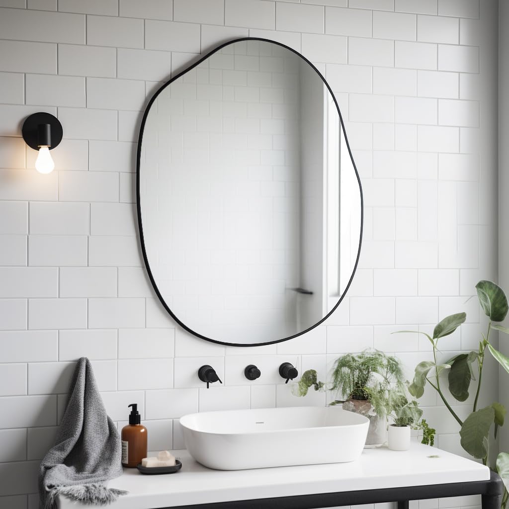 Black Irregular Mirror Asymmetrical Wood Vanity Mirror 24"x32"