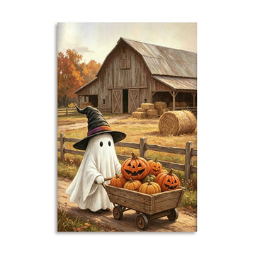 Autumn Halloween Wall Art - Cozy Ghost in a Sheet and Witch Hat Pushing a Wooden Wagon Full of Pumpkins - Rustic Barn